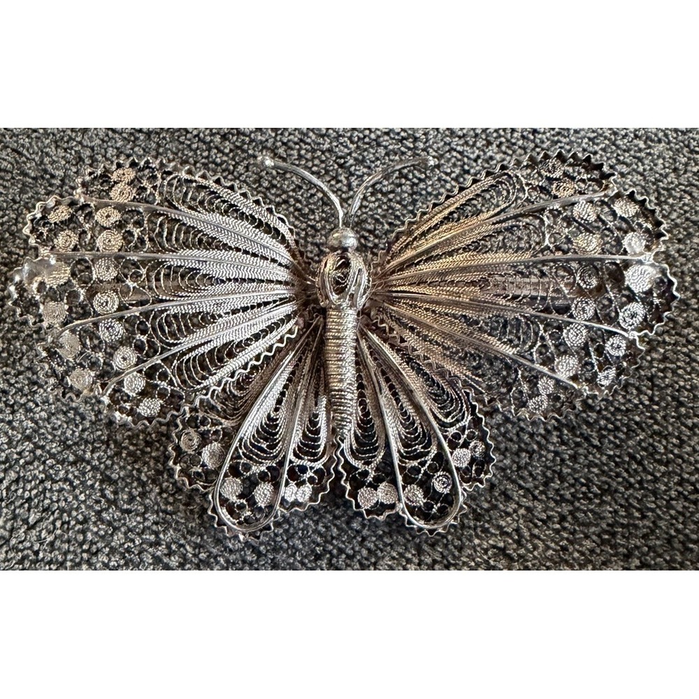 Vintage 800 Silver Filigree Butterfly Brooch Pin Italy 14g Large Detailed